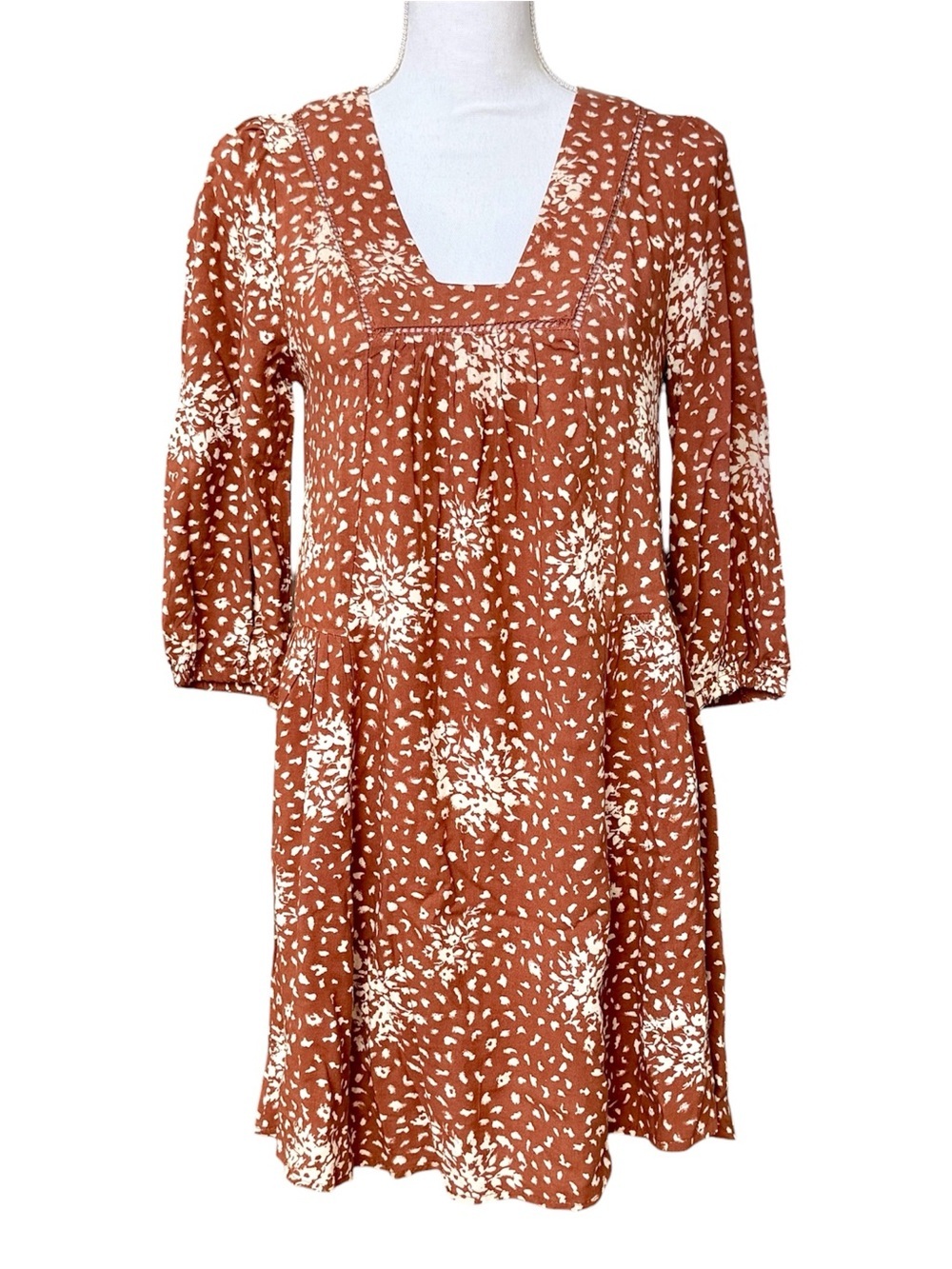Knox Rose Rust Floral Square Neck Flowy Boho Dress Mid Sleeves Size S